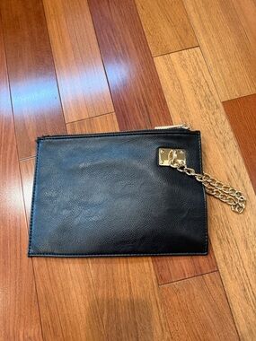 Sondra Roberts Black Clutch with Gold Chain Detail.